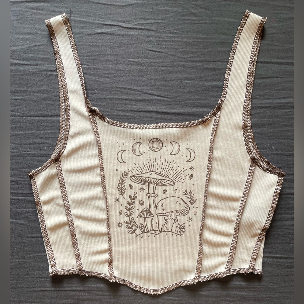 SHEIN size medium, apricot and brown shades with mushroom design